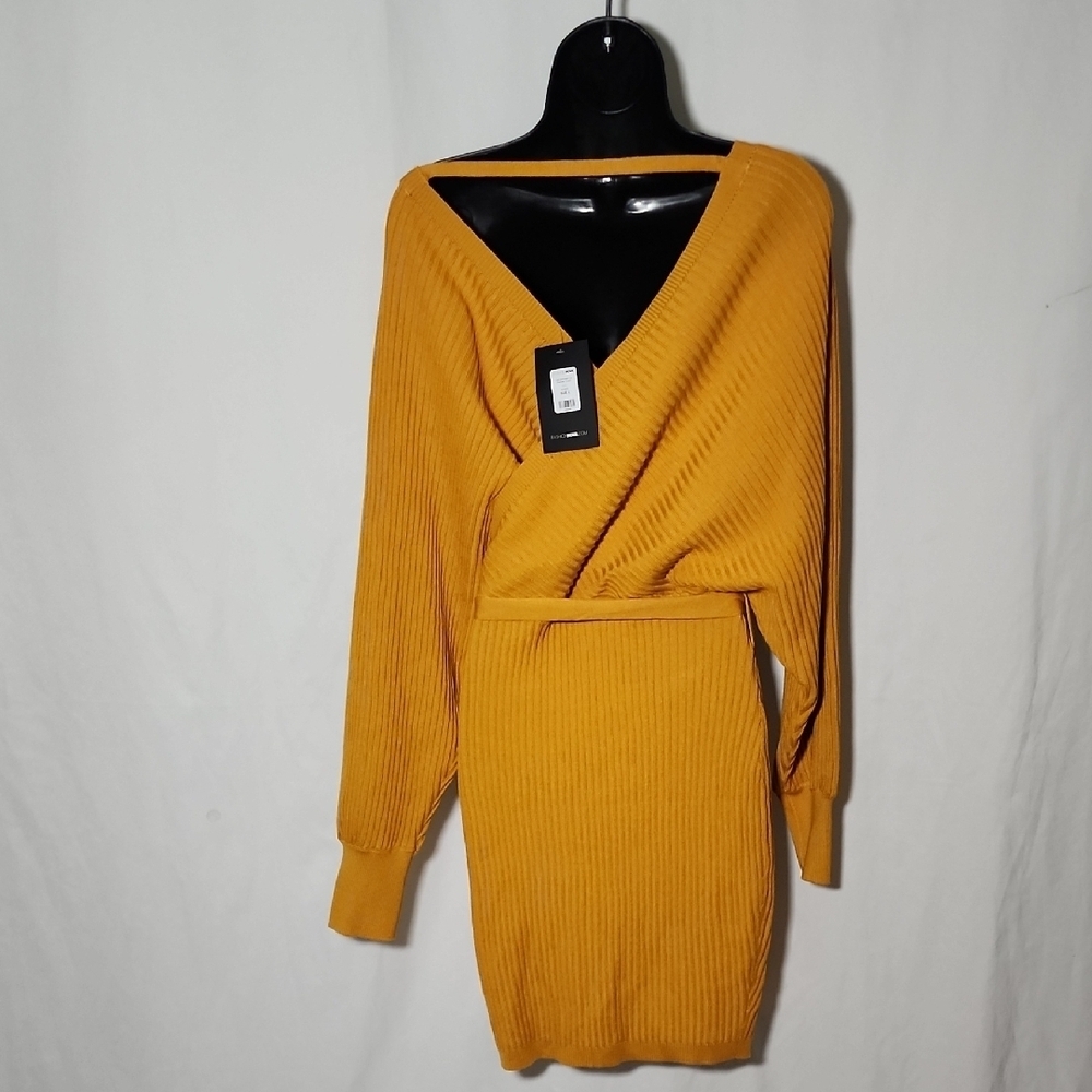 Fashion Nova Mustard V-Neck Sweater Dress - Picture 4 of 7